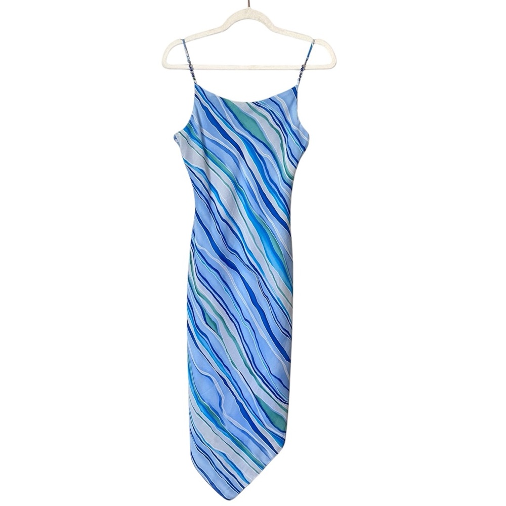 Double Fault Y2K Vintage Beaded Strap Asymmetric Midi Dress Blue Stripe Party